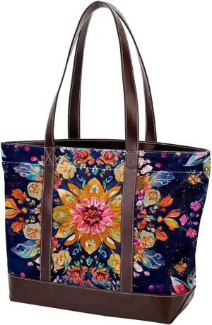 Boho Floral-34 Tote Bags Durable Leather Canvas Purses and Handbags for Women Top Handle Shoulder Satchel Hobo Bags
