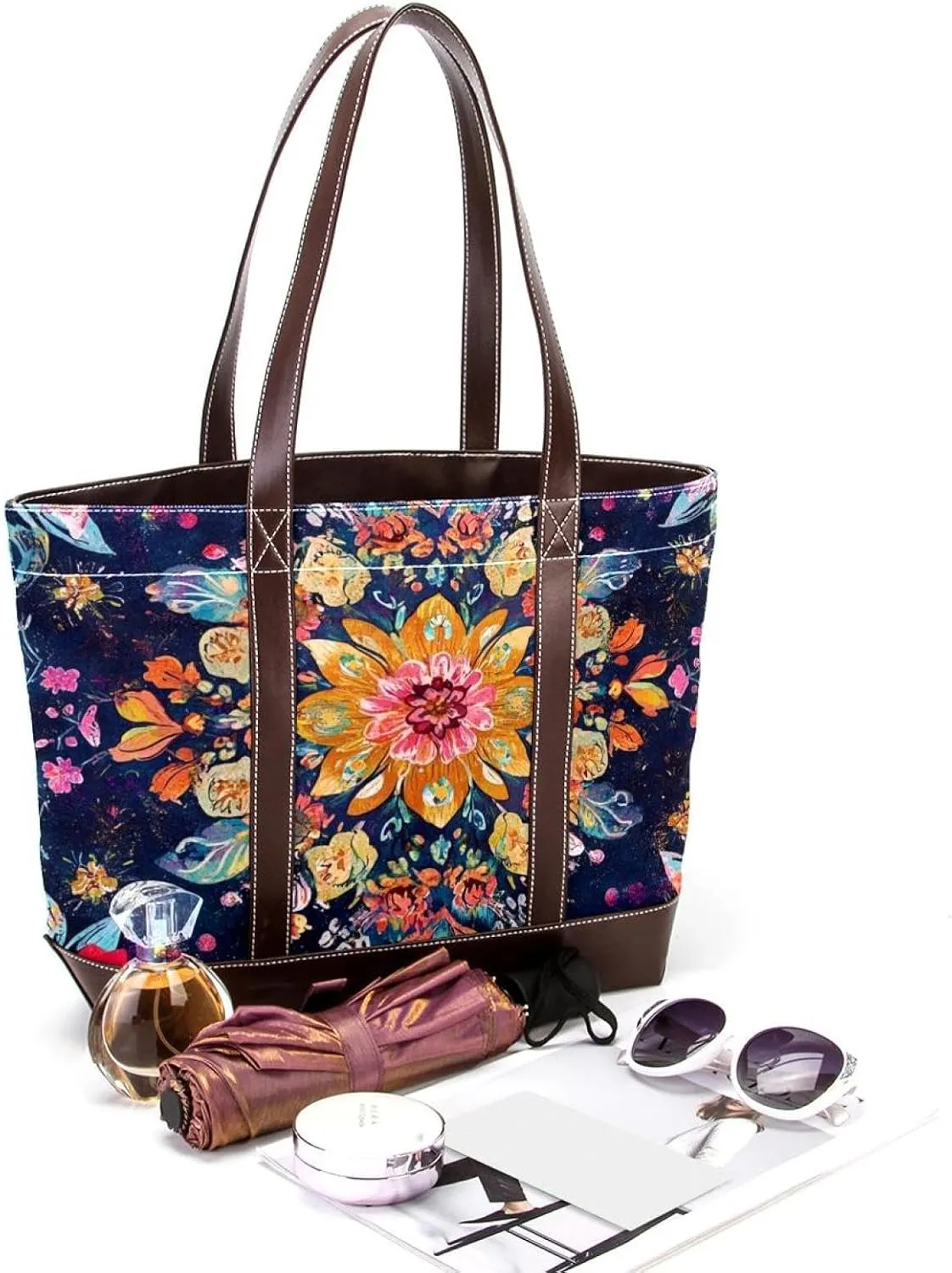Boho Floral-34 Tote Bags Durable Leather Canvas Purses and Handbags for Women Top Handle Shoulder Satchel Hobo Bags