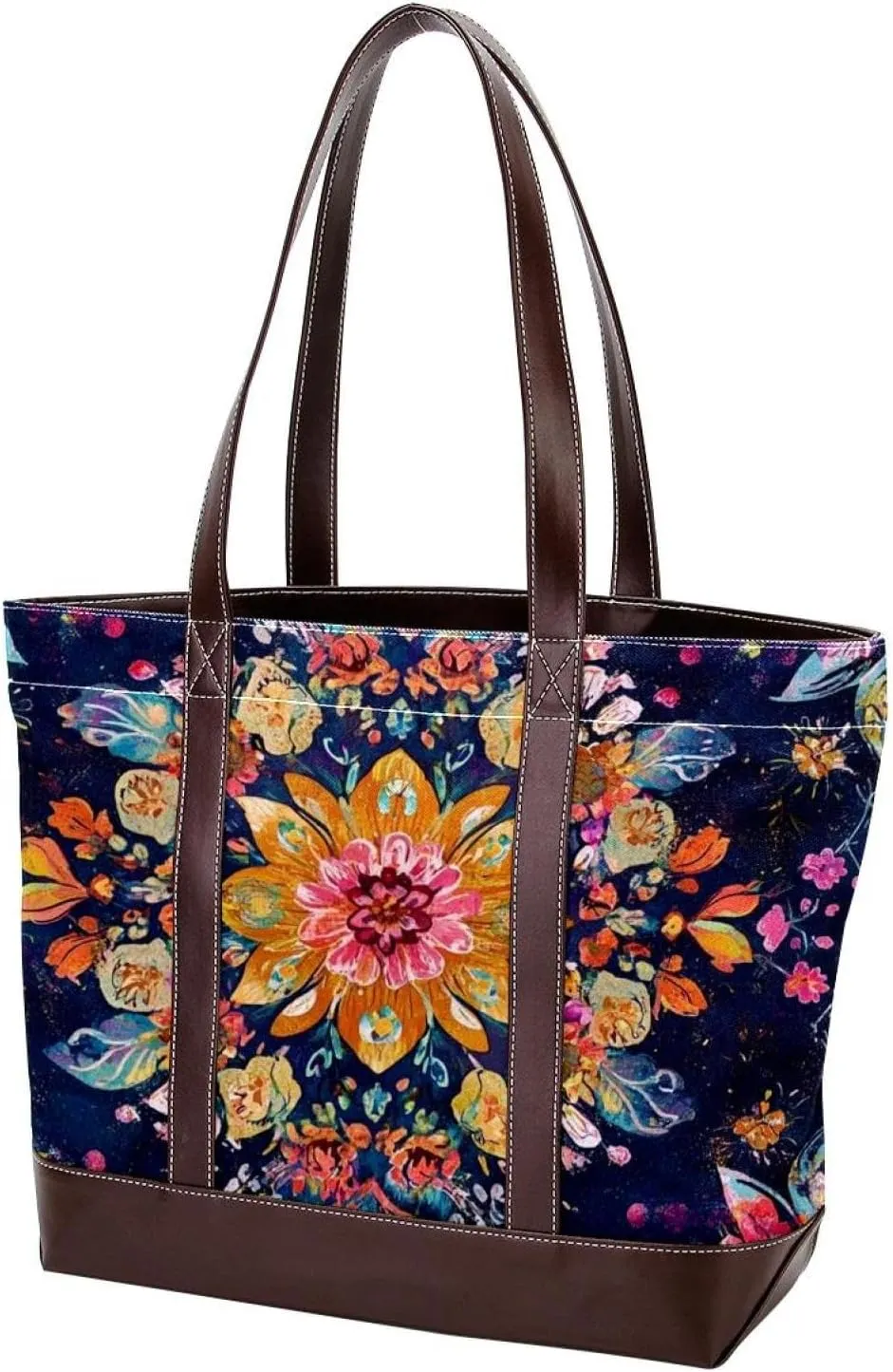 Boho Floral-34 Tote Bags Durable Leather Canvas Purses and Handbags for Women Top Handle Shoulder Satchel Hobo Bags