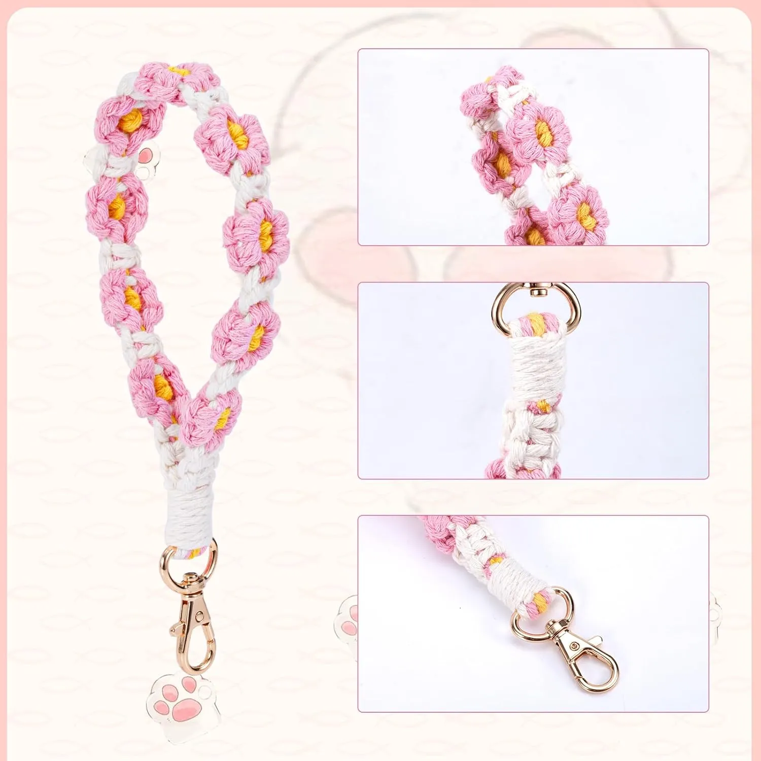 Boho Macrame Keychain, Woven Wrist Keychain Keyrings Wristlet Lanyard Woven Wristband Flower Key Chain Crochet