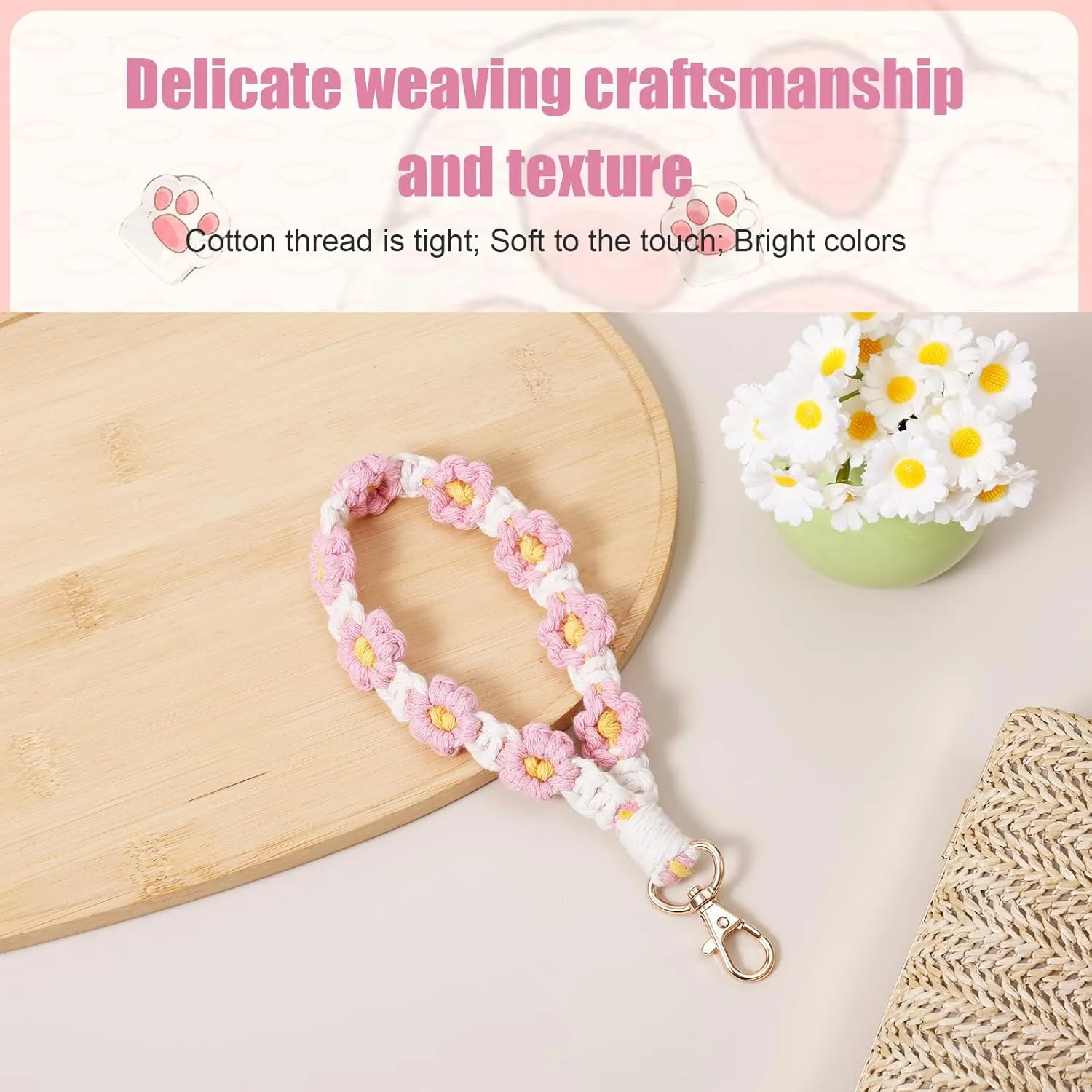 Boho Macrame Keychain, Woven Wrist Keychain Keyrings Wristlet Lanyard Woven Wristband Flower Key Chain Crochet
