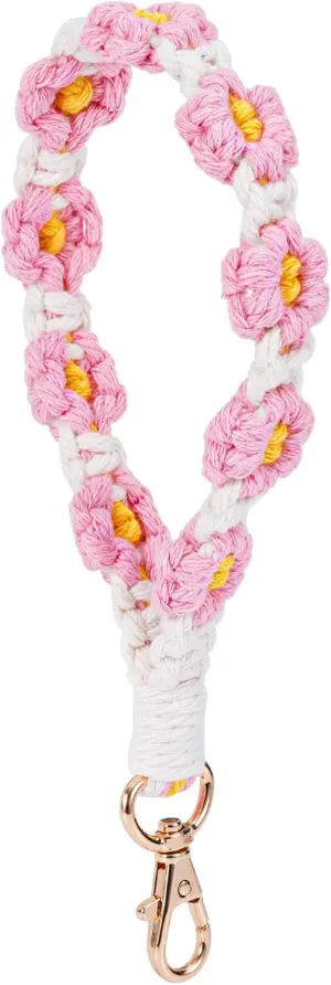 Boho Macrame Keychain, Woven Wrist Keychain Keyrings Wristlet Lanyard Woven Wristband Flower Key Chain Crochet