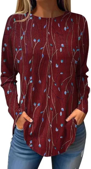 Boho Tunics for Women 2025 Plus Size Tops Peasant Flowered T Shirt Crewneck Boho Tshirt Loose Pullover