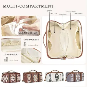 Boho Western Style Makeup Bag, PU Casual Colorblock Makeup Organizer Pouch, Boho Style Cosmetic Bag for Women, Portable Large Capacity Travel Organizer Bags for Women (Light brown)