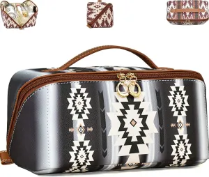 Boho Western Style Makeup Bag, PU Casual Colorblock Makeup Organizer Pouch, Versatile Waterproof Portable Organizer Pouch, Portable Large Capacity Travel Organizer Bags for Women (Black)