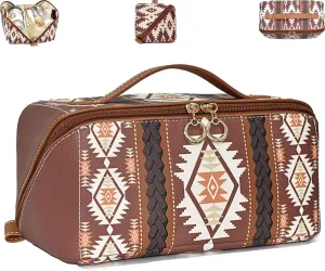 Boho Western Style Makeup Bag, PU Casual Colorblock Makeup Organizer Pouch, Versatile Waterproof Portable Organizer Pouch, Portable Large Capacity Travel Organizer Bags for Women (Coffee)