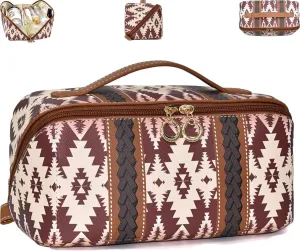 Boho Western Style Makeup Bag, PU Casual Colorblock Makeup Organizer Pouch, Versatile Waterproof Portable Organizer Pouch, Portable Large Capacity Travel Organizer Bags for Women (Light coffee)