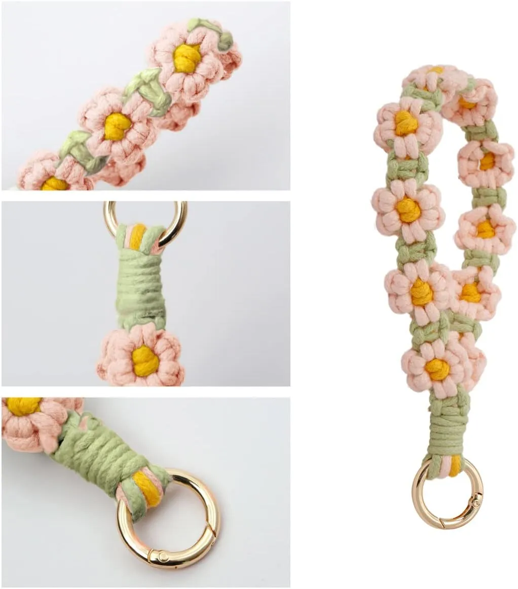 Boho Wristlet Keychain Wristlet Wallet for Women Macrame Wrist Lanyard Flower Keychain
