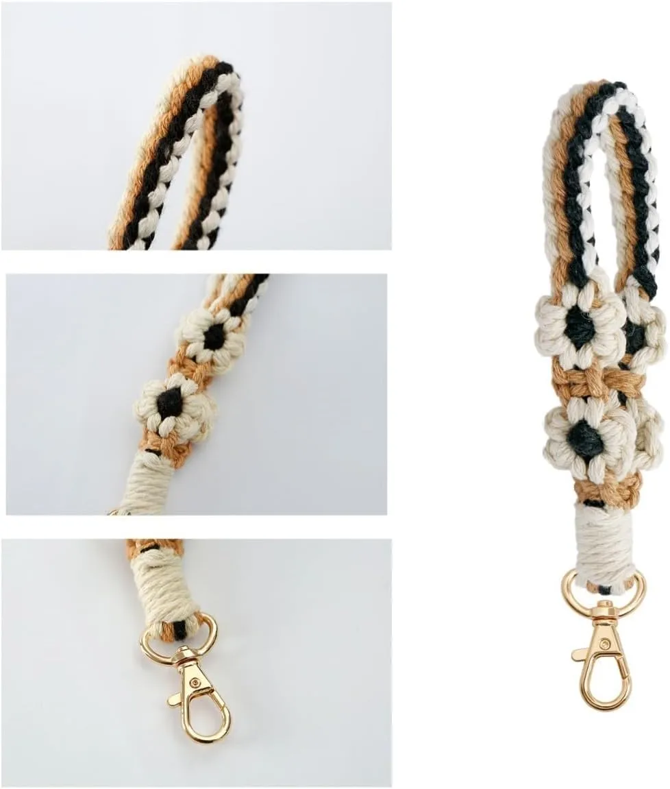 Boho Wristlet Keychain Wristlet Wallet for Women Macrame Wrist Lanyard Flower Keychain