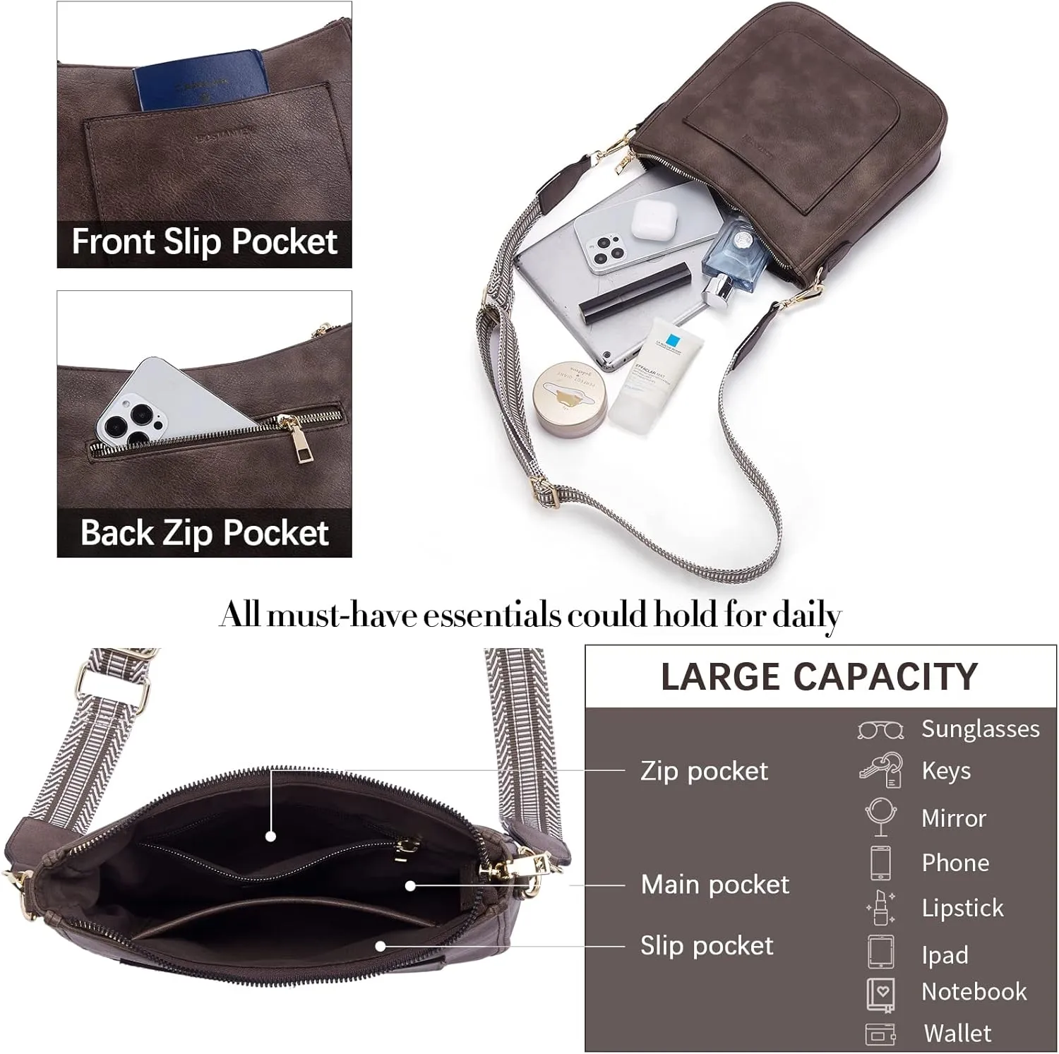 BOSTANTEN Crossbody Bags for Women Trendy Vegan Leather Hobo Handbags Fashion Shoulder Purse with Adjustable Guitar Strap
