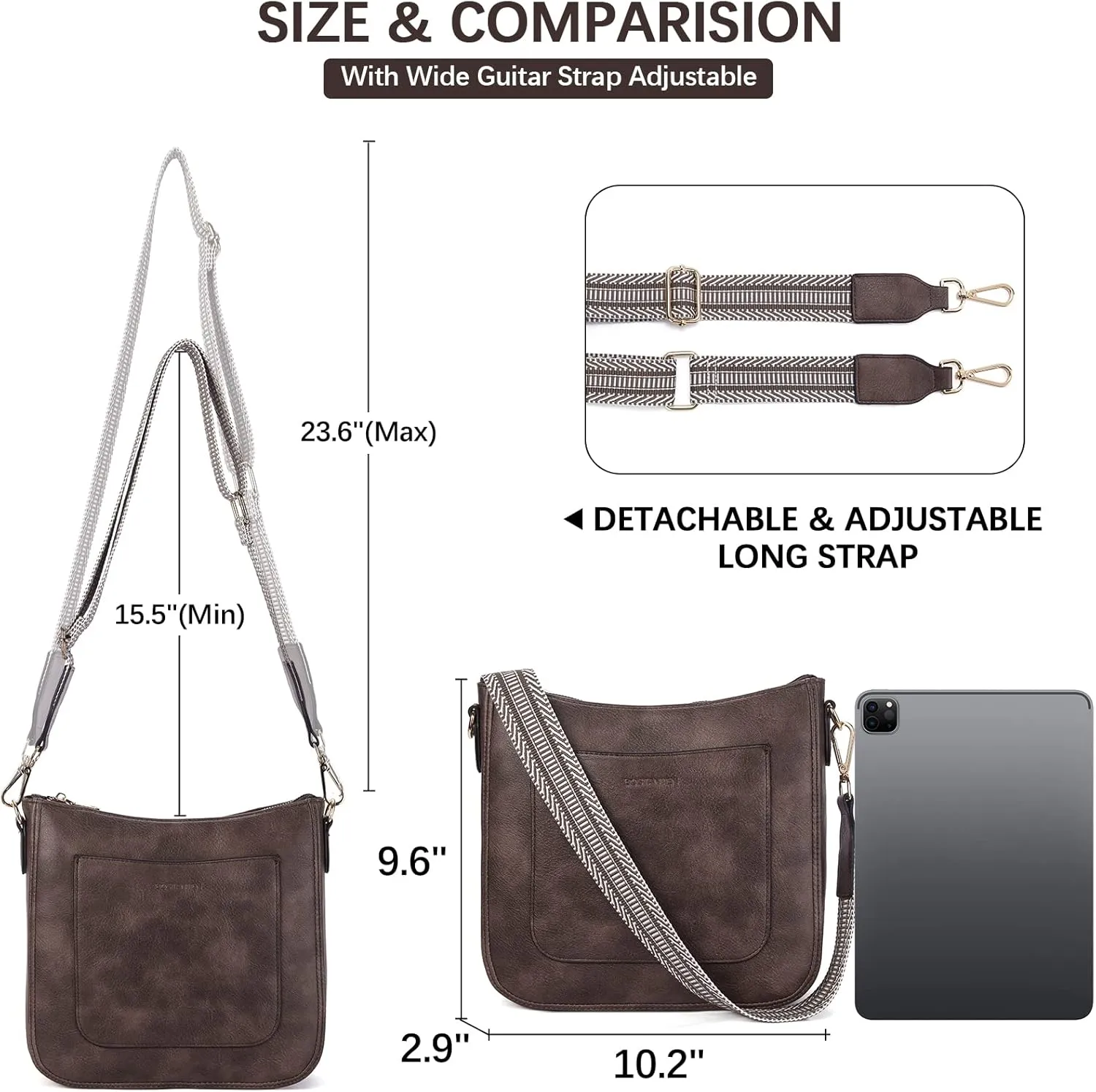BOSTANTEN Crossbody Bags for Women Trendy Vegan Leather Hobo Handbags Fashion Shoulder Purse with Adjustable Guitar Strap