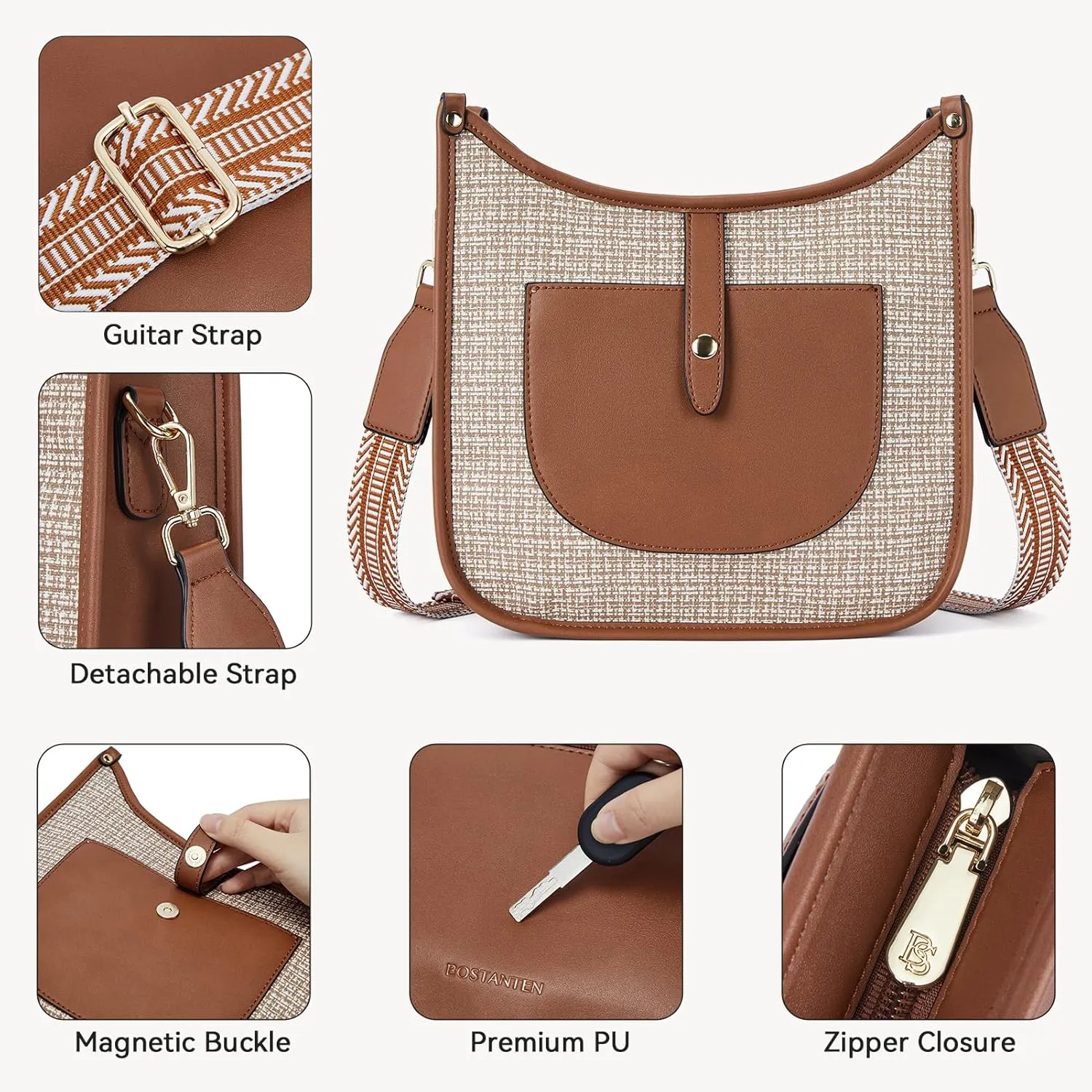 BOSTANTEN Crossbody Bags for Women Trendy Vegan Leather Hobo Handbags Fashion Shoulder Purse with Adjustable Guitar Strap