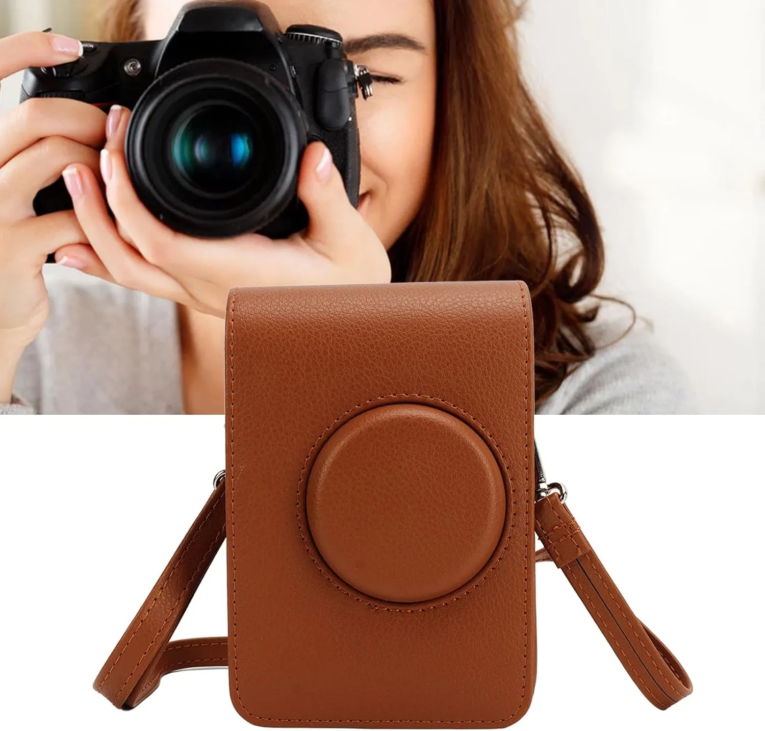 Camera Bag Retro Camera Pouch Case PU Leather Adjustable Strap Soft Liner Camera Case for Mini Photography (Brown)