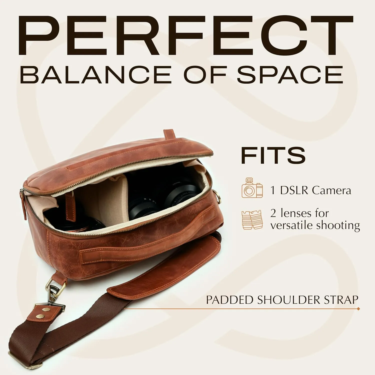 Camera Sling Bag Full Grain Leather Photography Accessories with Padded Shoulder Strap, Camera Case for DSLR/SLR, Travel Photography Camera Bag, Brown Color