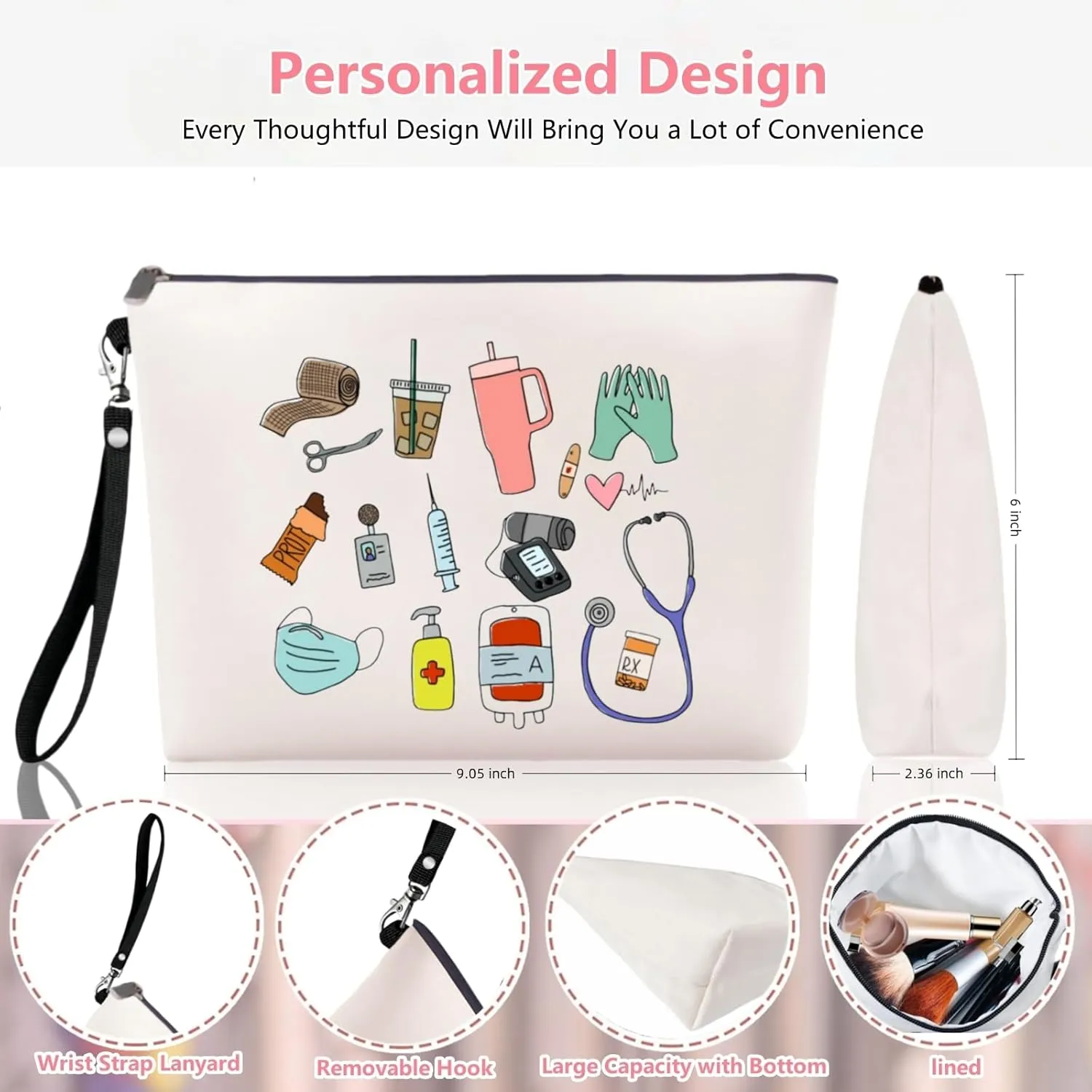 Canvas Makeup Bag for Women with Wristband Lanyards, Personalized Nurse Cosmetic Bags, Travel Toiletry Makeup Organizer Zipper Pouch for Birthday Gifts