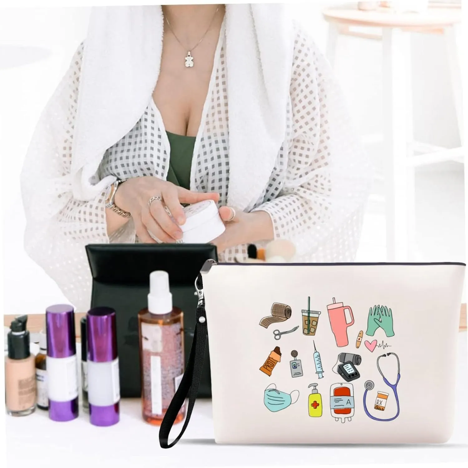 Canvas Makeup Bag for Women with Wristband Lanyards, Personalized Nurse Cosmetic Bags, Travel Toiletry Makeup Organizer Zipper Pouch for Birthday Gifts
