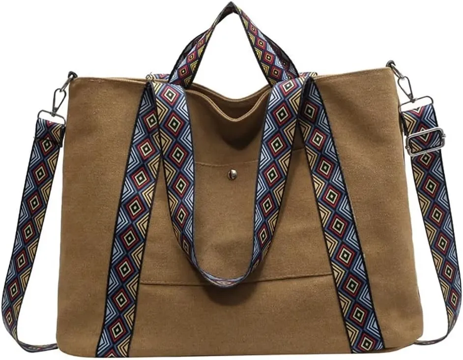 Canvas Tote Bag for Women Shoulder Bag Top Handle Satchel Handbag Boho Bag Vintage Crossbody Purse with Guitar Strap