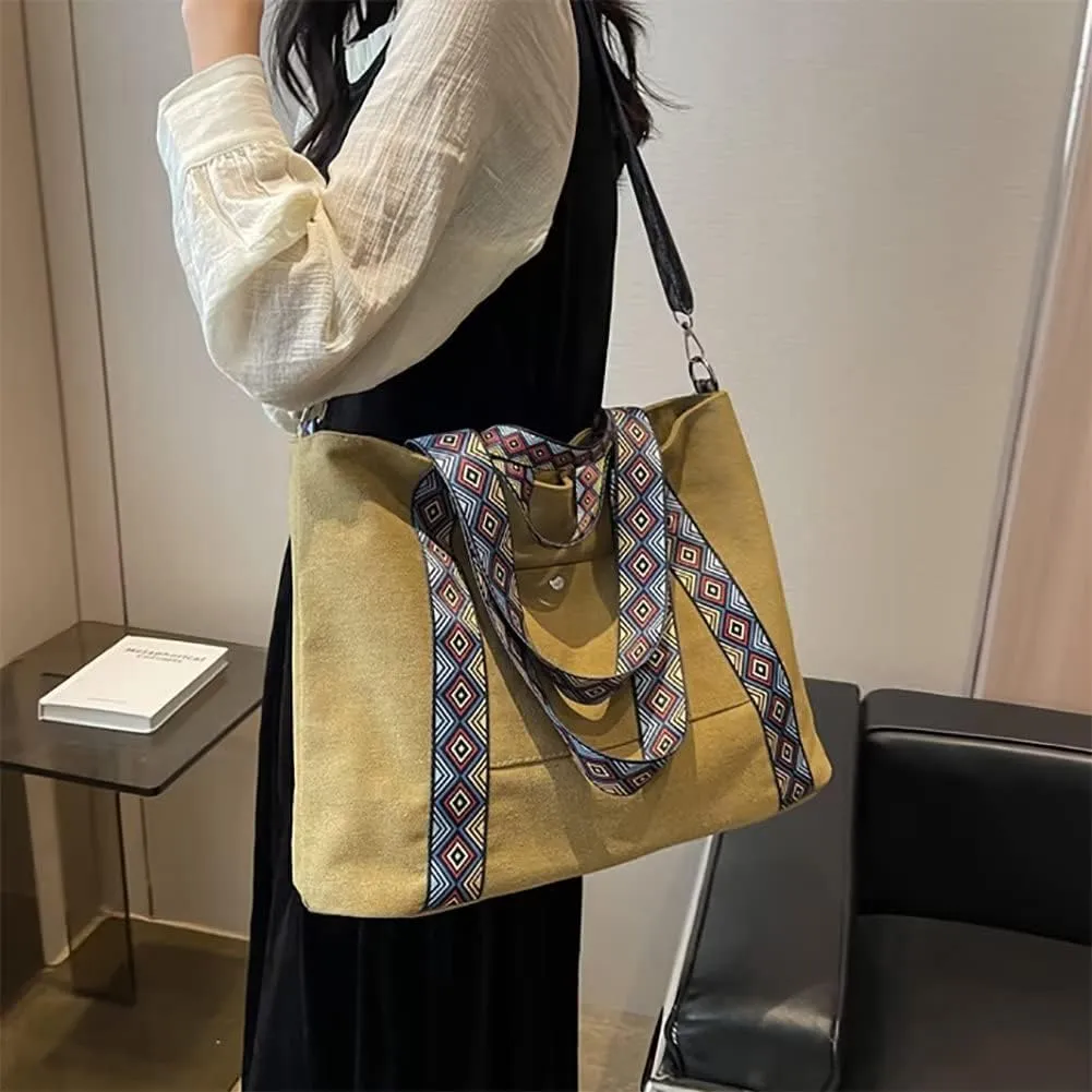 Canvas Tote Bag for Women Shoulder Bag Top Handle Satchel Handbag Boho Bag Vintage Crossbody Purse with Guitar Strap