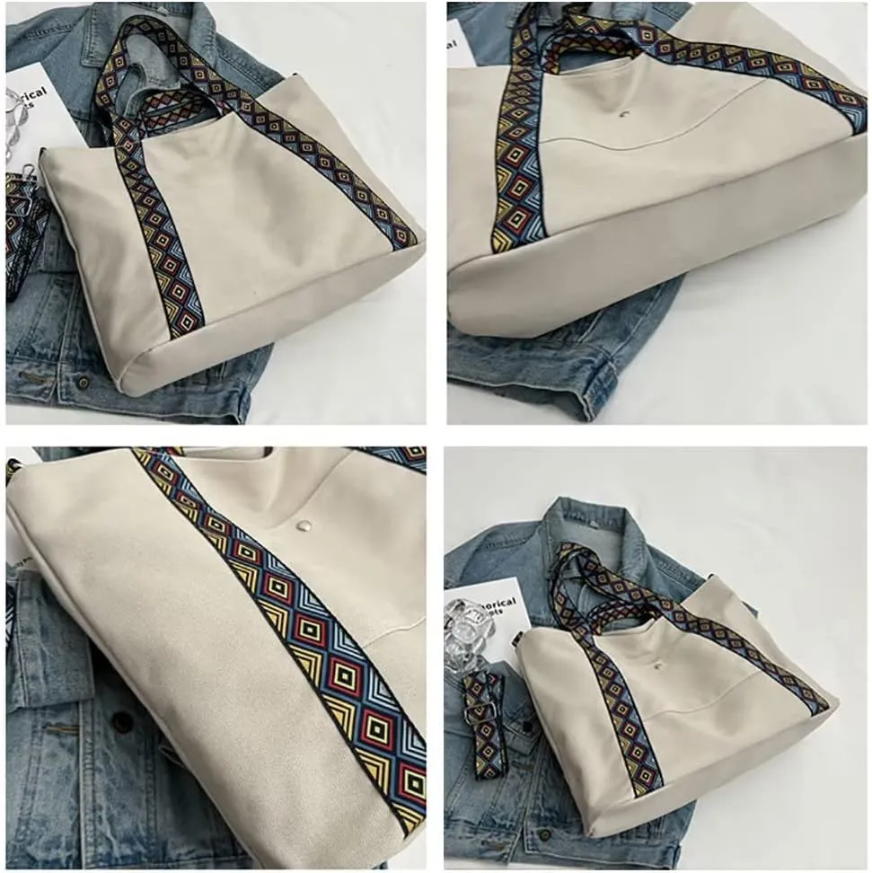 Canvas Tote Bag for Women Shoulder Bag Top Handle Satchel Handbag Boho Bag Vintage Crossbody Purse with Guitar Strap