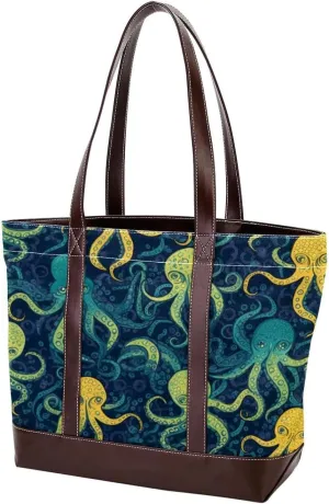 Cartoon Octopus-1708 Tote Bags Durable Leather Canvas Purses and Handbags for Women Top Handle Shoulder Satchel Hobo Bags
