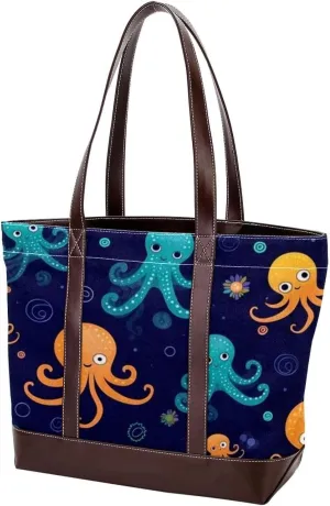 Cartoon Octopus-1720 Tote Bags Durable Leather Canvas Purses and Handbags for Women Top Handle Shoulder Satchel Hobo Bags