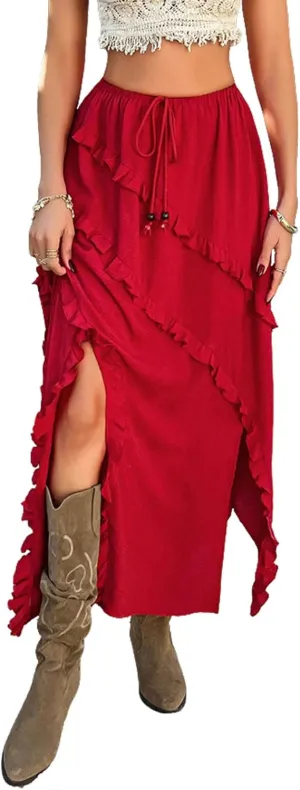 CHARTOU Split Boho Ruffle Skirt for Women Asymmetrical Summer Vacation Long Skirt