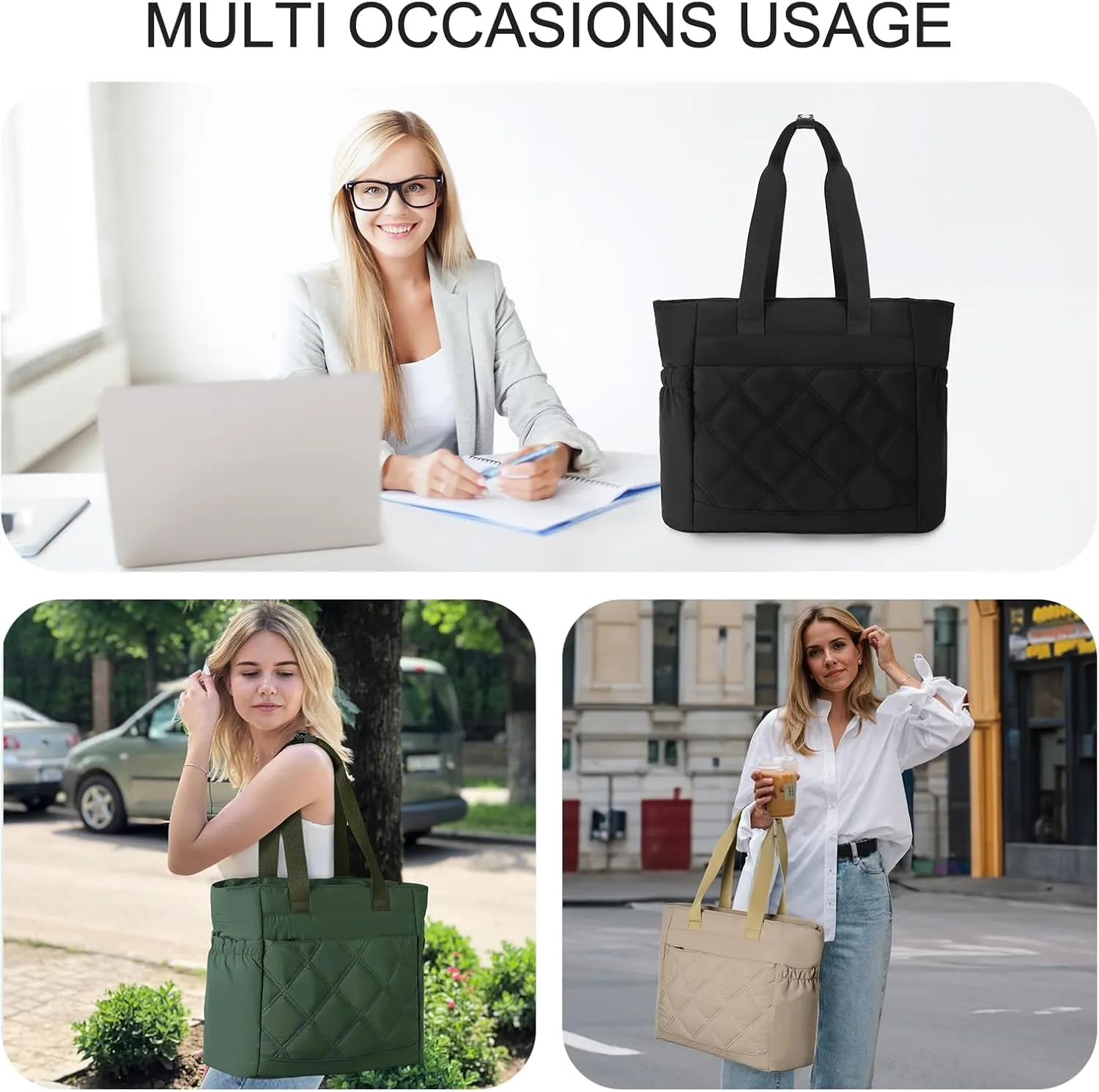Chase Chic Tote Bag for Women, Large Quilted Puffer Work Bag Puffy Shoulder Handbags Purse with Laptop Compartment