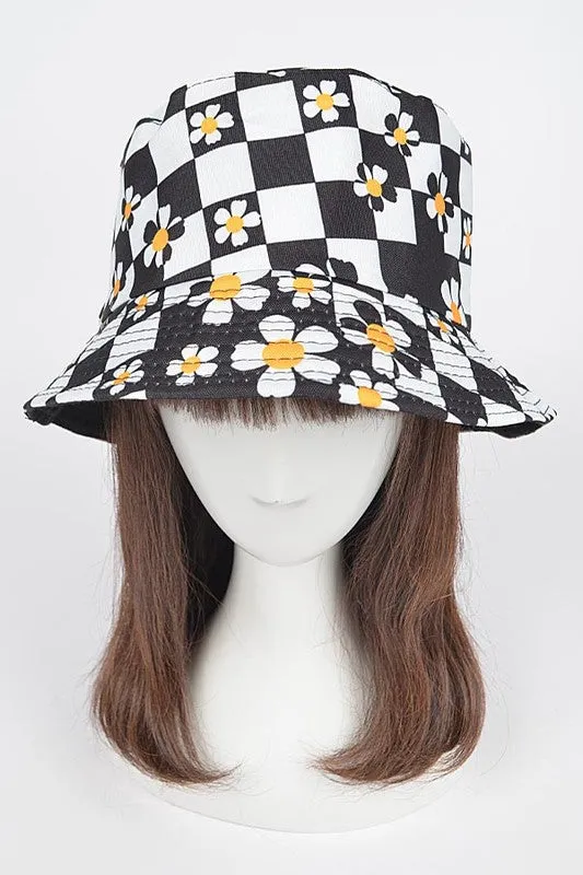 Checker Board Daisy Print Bucket Hat