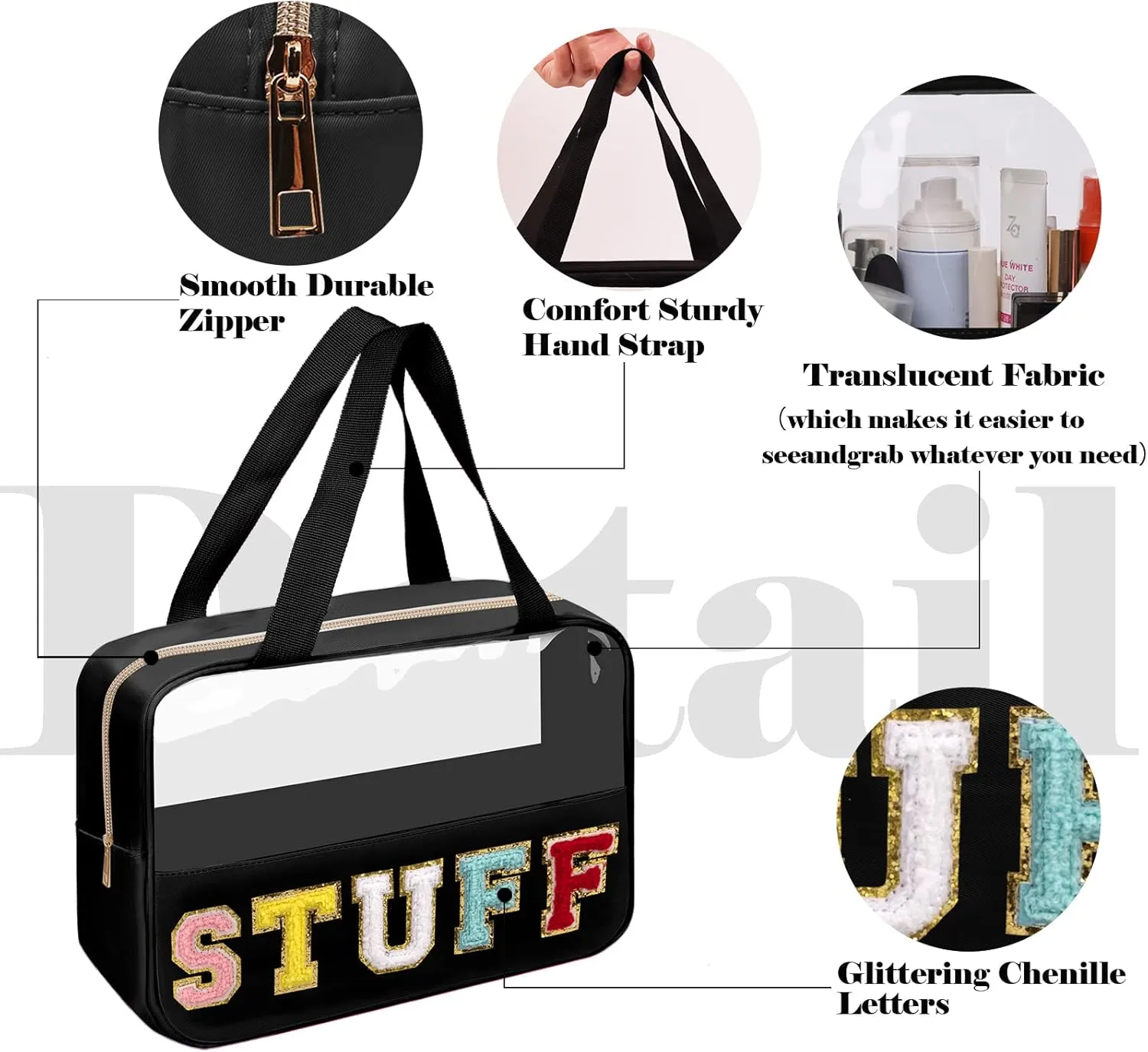 Chenille Letter Patches Clear Stuff Cosmetic Bag, Large PVC & Nylon Preppy Makeup Bag Zipper Makeup Pouch with Handle, Portable Waterproof Travel Toiletry Bag Tote Bag for Beach Travel(Black Stuff)