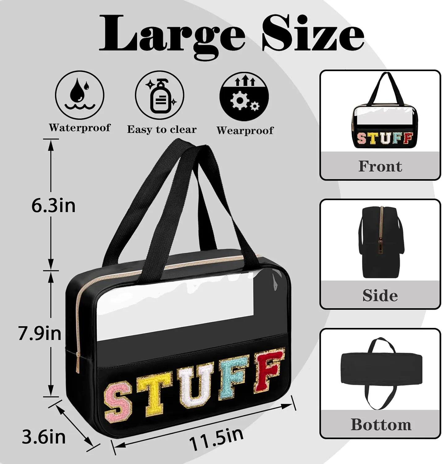 Chenille Letter Patches Clear Stuff Cosmetic Bag, Large PVC & Nylon Preppy Makeup Bag Zipper Makeup Pouch with Handle, Portable Waterproof Travel Toiletry Bag Tote Bag for Beach Travel(Black Stuff)