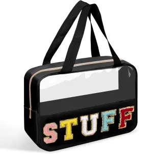 Chenille Letter Patches Clear Stuff Cosmetic Bag, Large PVC & Nylon Preppy Makeup Bag Zipper Makeup Pouch with Handle, Portable Waterproof Travel Toiletry Bag Tote Bag for Beach Travel(Black Stuff)
