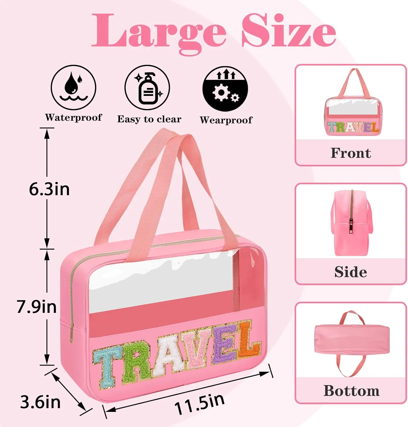 Chenille Letter Patches Clear Travel Cosmetic Bag, Large PVC & Nylon Preppy Makeup Bag Zipper Makeup Pouch with Handle, Portable Waterproof Travel Toiletry Bag Tote Bag for Women Girls(Pink TRAVEL)