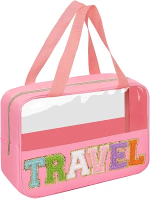 Chenille Letter Patches Clear Travel Cosmetic Bag, Large PVC & Nylon Preppy Makeup Bag Zipper Makeup Pouch with Handle, Portable Waterproof Travel Toiletry Bag Tote Bag for Women Girls(Pink TRAVEL)