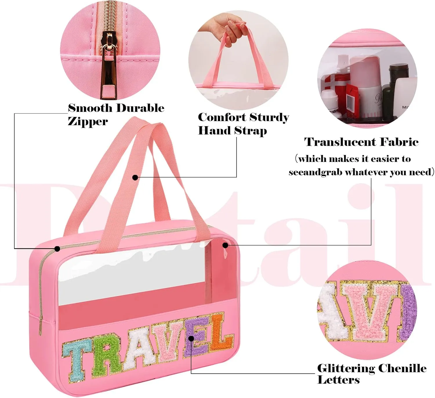 Chenille Letter Patches Clear Travel Cosmetic Bag, Large PVC & Nylon Preppy Makeup Bag Zipper Makeup Pouch with Handle, Portable Waterproof Travel Toiletry Bag Tote Bag for Women Girls(Pink TRAVEL)