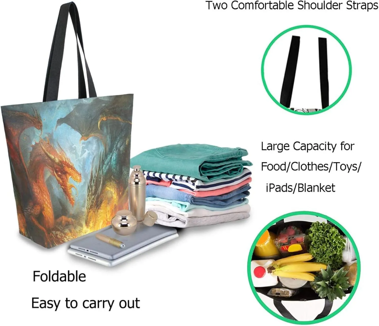 Chic Extra Large Shoulder Grocery Tote Bag, Fighting Dragon in Fire Canvas Daily Handle Bag for Gym Yoga Weekender Beach Travel Picnic Kitchen Reusable Market Shopping