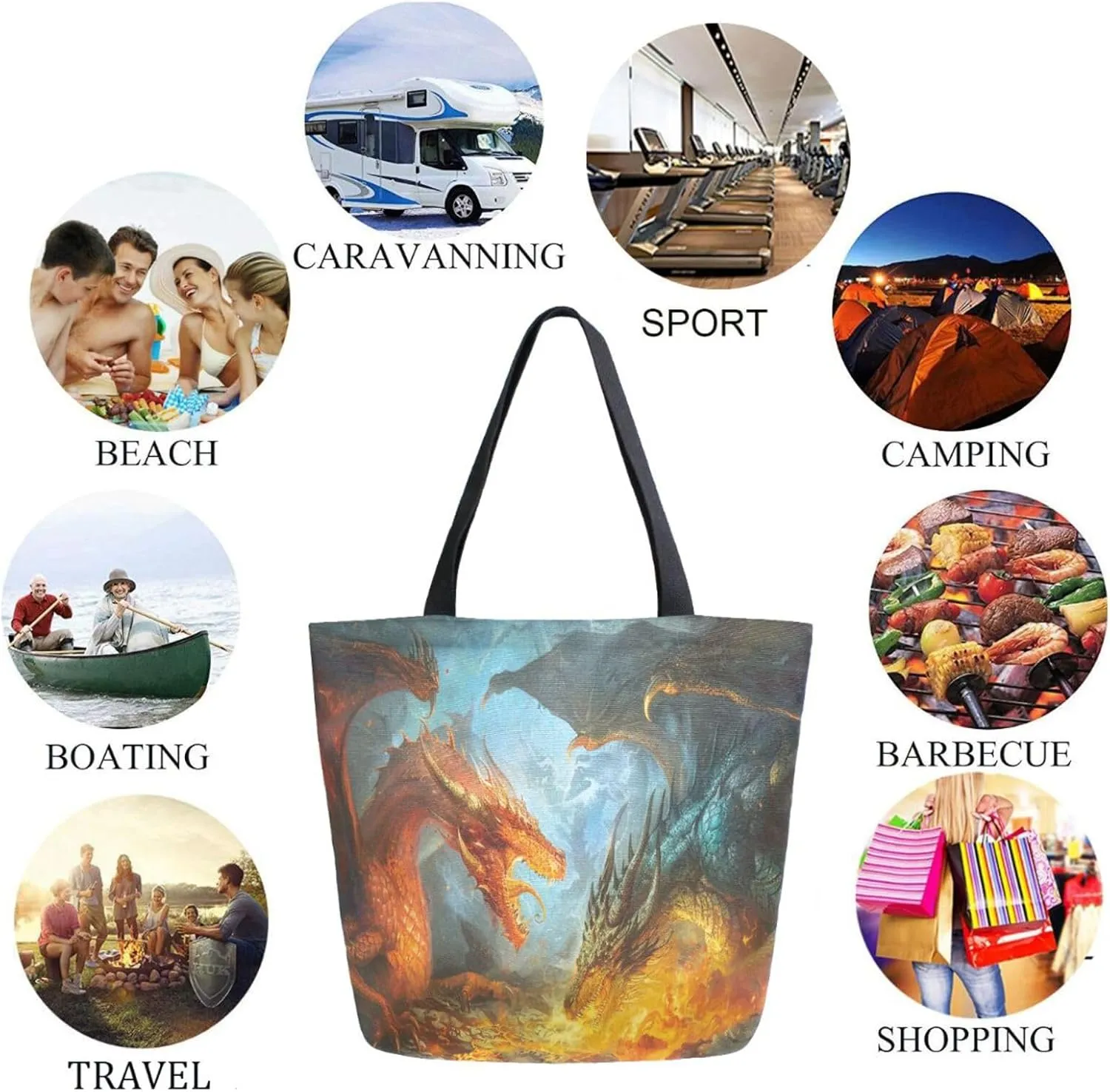 Chic Extra Large Shoulder Grocery Tote Bag, Fighting Dragon in Fire Canvas Daily Handle Bag for Gym Yoga Weekender Beach Travel Picnic Kitchen Reusable Market Shopping