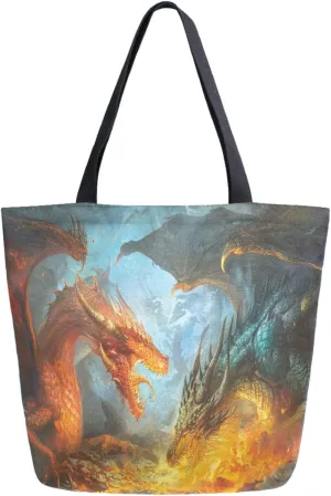Chic Extra Large Shoulder Grocery Tote Bag, Fighting Dragon in Fire Canvas Daily Handle Bag for Gym Yoga Weekender Beach Travel Picnic Kitchen Reusable Market Shopping