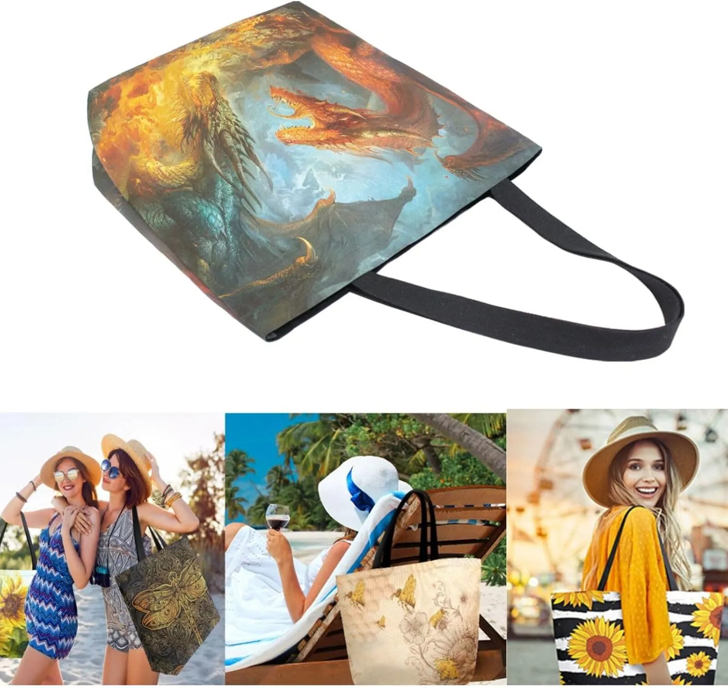 Chic Extra Large Shoulder Grocery Tote Bag, Fighting Dragon in Fire Canvas Daily Handle Bag for Gym Yoga Weekender Beach Travel Picnic Kitchen Reusable Market Shopping