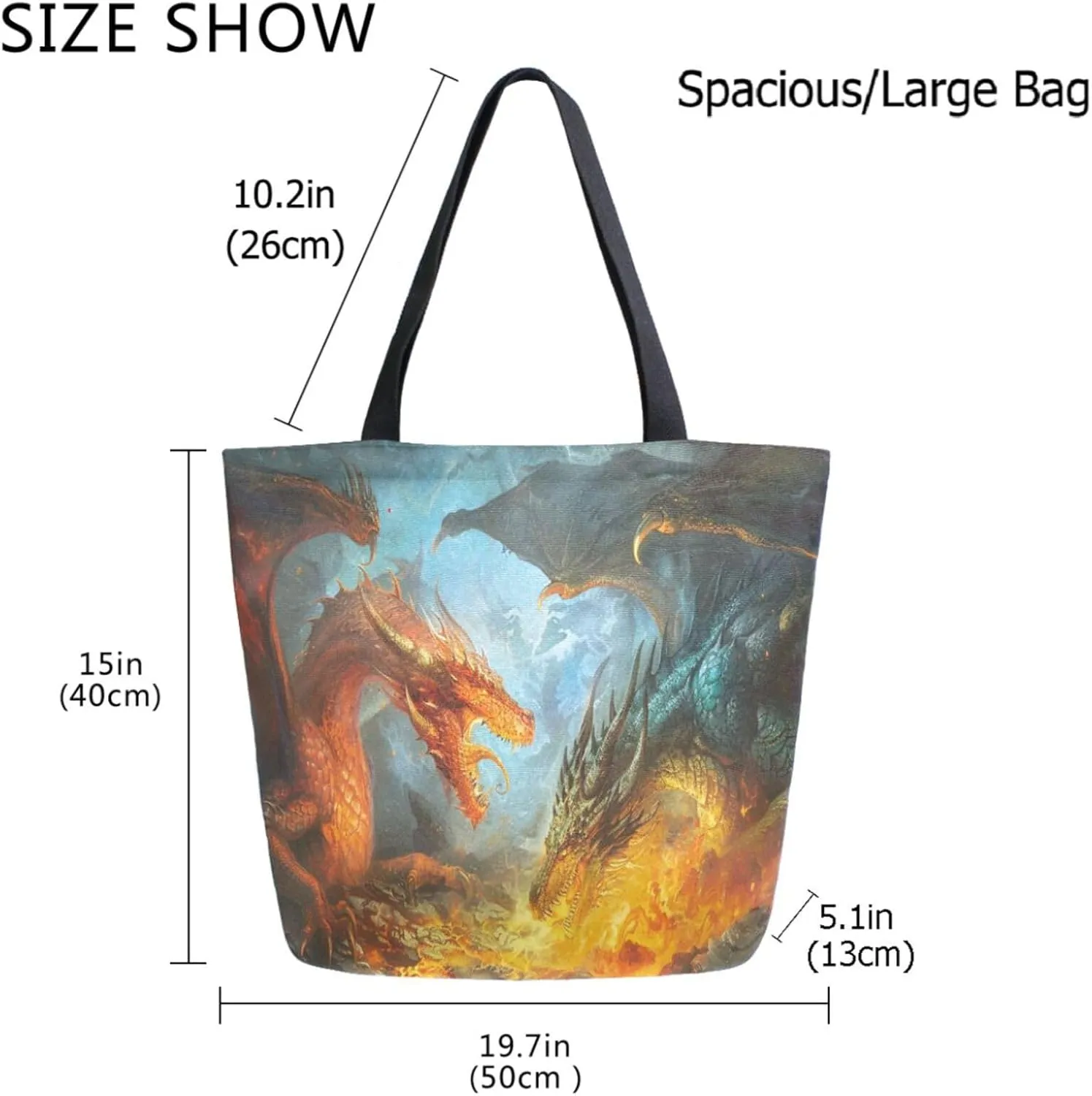 Chic Extra Large Shoulder Grocery Tote Bag, Fighting Dragon in Fire Canvas Daily Handle Bag for Gym Yoga Weekender Beach Travel Picnic Kitchen Reusable Market Shopping