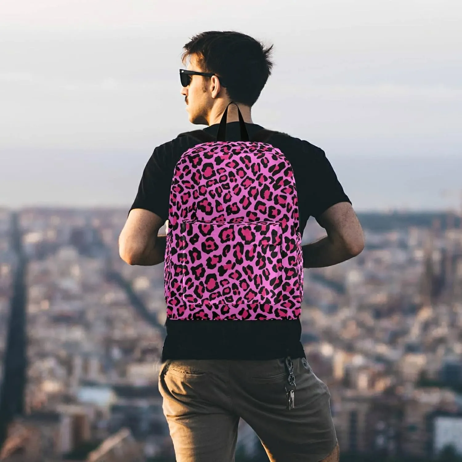 Chic Pink Leopard Casual Polyester Laptop Backpack Large Daypack for Business Sport Travel School Bookbags