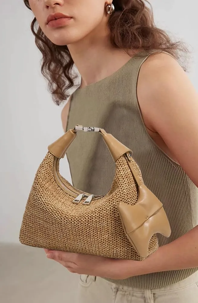 Chic Raffia Bag Crescent Bag Straw Bags for Women Versatile Hobo Vacation Handbags Straw Tote with Zipper Summer Beach Purse