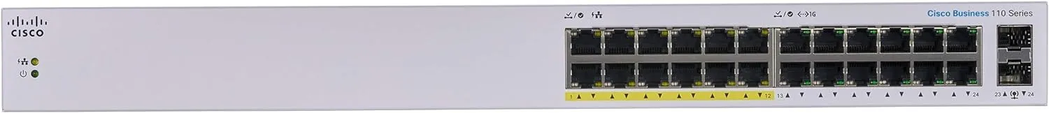 Cisco Business CBS110 24-Port Gigabit (12-Port with PoE, total 100W)   2-Port Gigabit SFP Uplink (with Network Interface Combo) Unmanaged Switch (CBS110-24PP-UK / NE-11024PP)