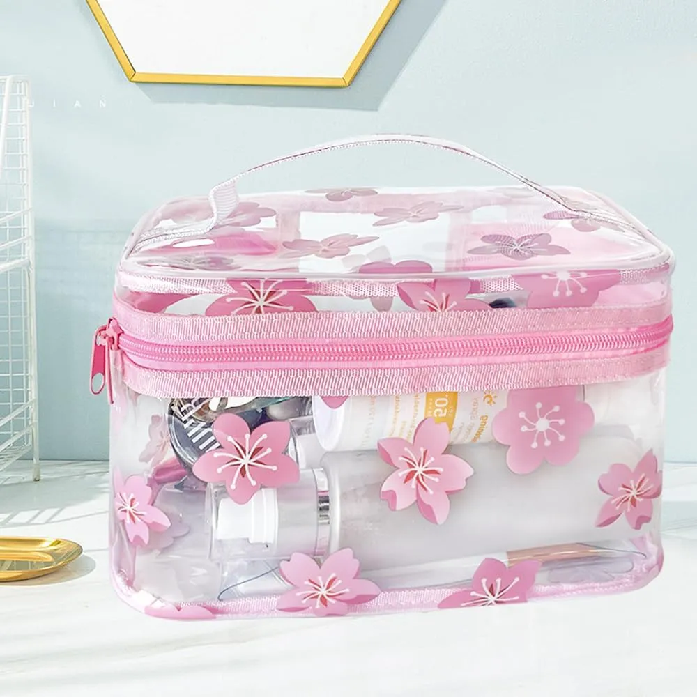 Clear Pink Flower Cosmetic Bag and Travel Pouch with Handle-Durable PVC Material,Versatile,Zipper Design for Smooth Sliding-Ideal for Makeup,Travel Essentials