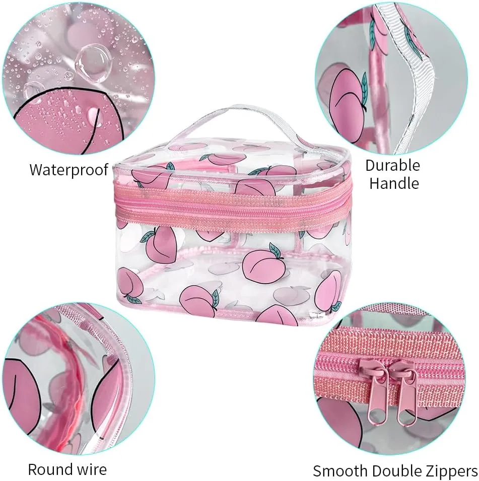 Clear Printed Fruit Cosmetic Bag and Travel Pouch with Handle-Durable PVC Material,Versatile,Zipper Design for Smooth Sliding-Ideal for Makeup,Travel Essentials (Honey Peach 1)