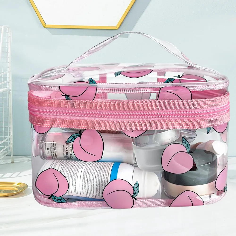 Clear Printed Fruit Cosmetic Bag and Travel Pouch with Handle-Durable PVC Material,Versatile,Zipper Design for Smooth Sliding-Ideal for Makeup,Travel Essentials (Honey Peach 1)