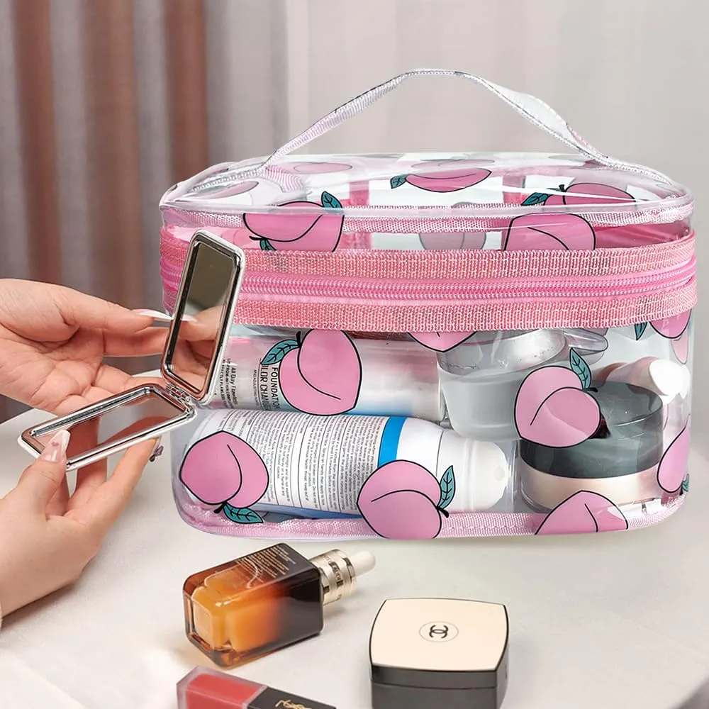 Clear Printed Fruit Cosmetic Bag and Travel Pouch with Handle-Durable PVC Material,Versatile,Zipper Design for Smooth Sliding-Ideal for Makeup,Travel Essentials (Honey Peach 1)