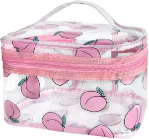 Clear Printed Fruit Cosmetic Bag and Travel Pouch with Handle-Durable PVC Material,Versatile,Zipper Design for Smooth Sliding-Ideal for Makeup,Travel Essentials (Honey Peach 1)