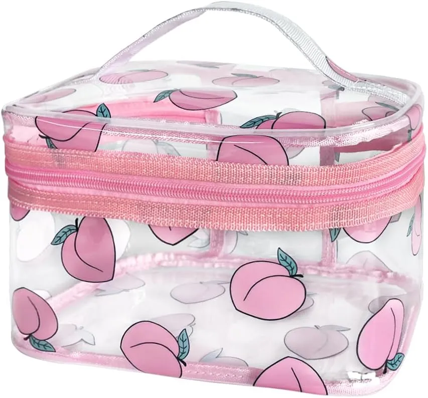 Clear Printed Fruit Cosmetic Bag and Travel Pouch with Handle-Durable PVC Material,Versatile,Zipper Design for Smooth Sliding-Ideal for Makeup,Travel Essentials (Honey Peach 1)
