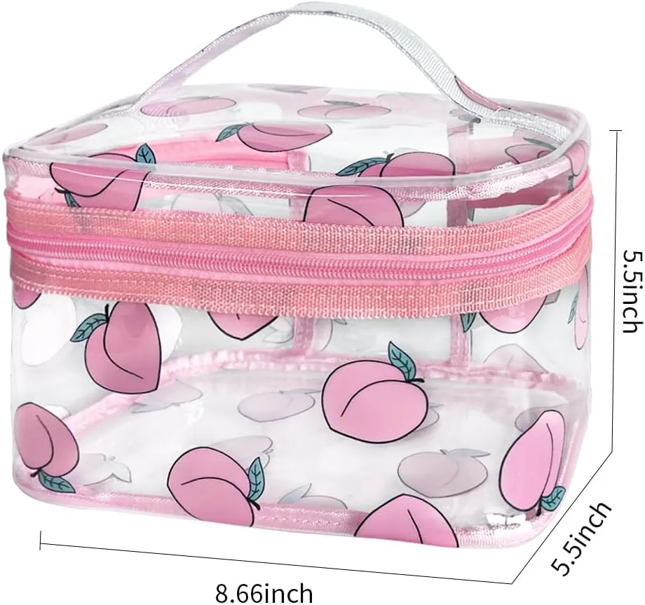Clear Printed Fruit Cosmetic Bag and Travel Pouch with Handle-Durable PVC Material,Versatile,Zipper Design for Smooth Sliding-Ideal for Makeup,Travel Essentials (Honey Peach 1)