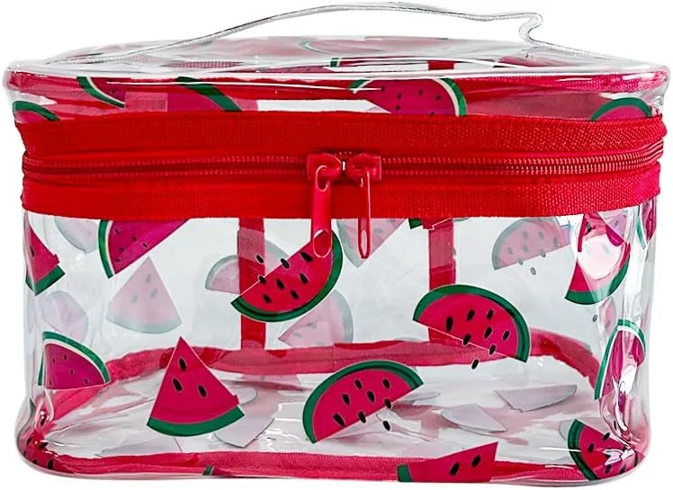 Clear Printed Fruit Cosmetic Bag and Travel Pouch with Handle-Durable PVC Material,Versatile,Zipper Design for Smooth Sliding-Ideal for Makeup,Travel Essentials (Watermelon)